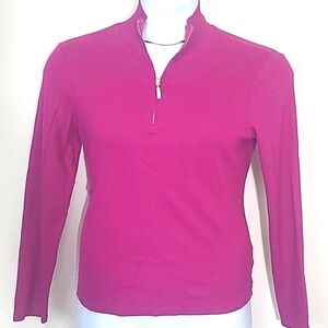 Long sleeve ribbed t shirt fuchsia bright pink half zip stretch Rafella Medium